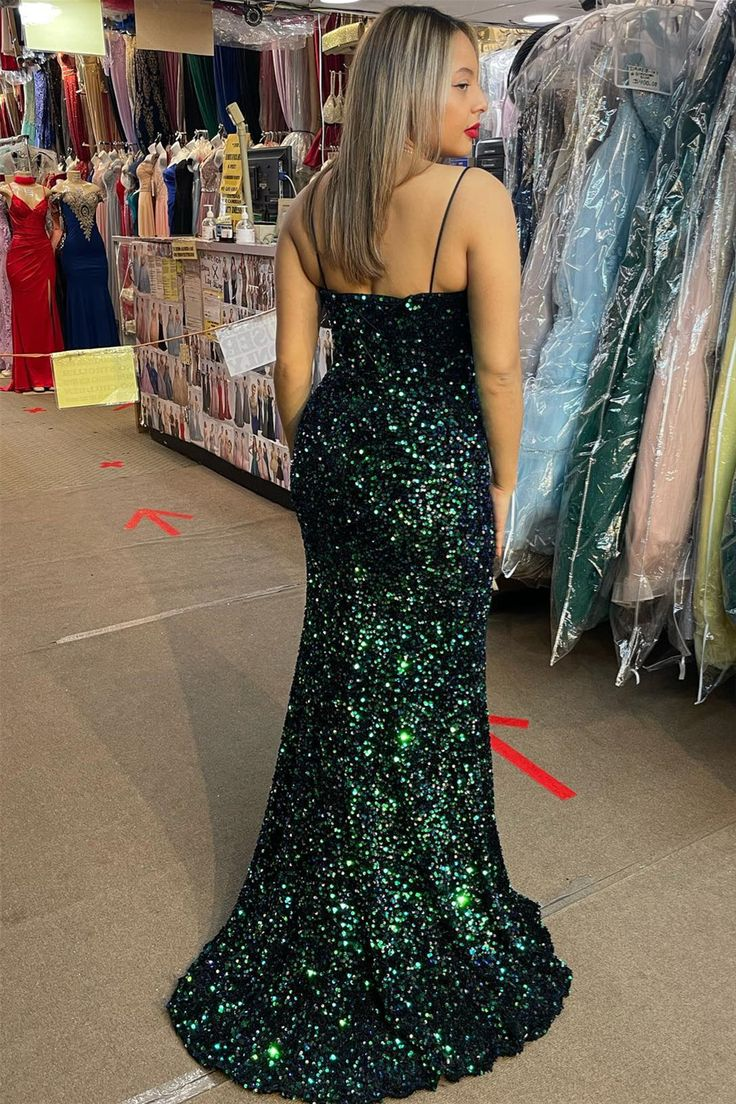Green Sequins Mermaid V Neckline Slit Long Prom Dress nv1110