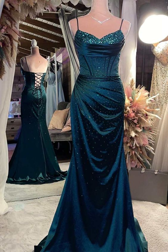 Satin Beaded V Neck Lace-Up Back Mermaid Long Formal Dress Maxi Event Dresses nv1377