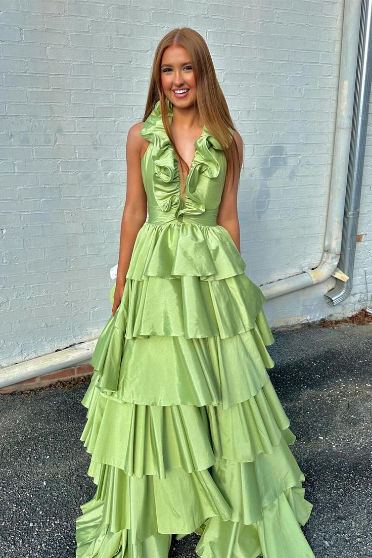 Red Ruffled Plunging V Neck Layers Long Prom Dress with Slit nv1348