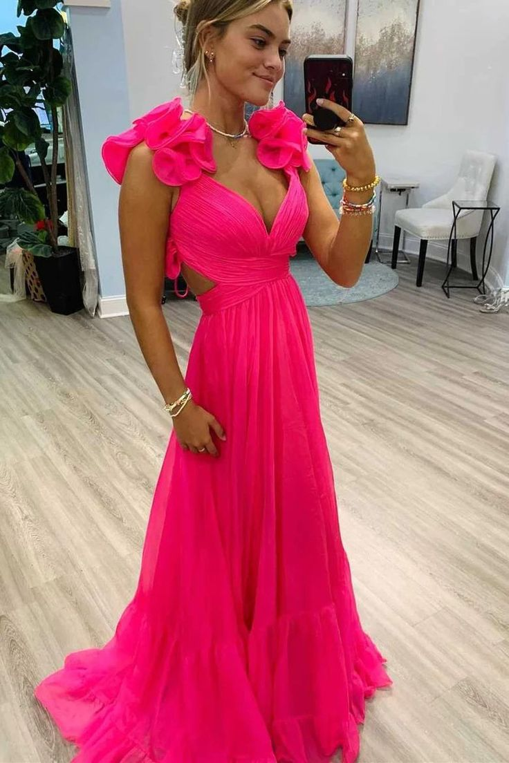 A-Line Fuchsia Chiffon Long Prom Dresses nv1305