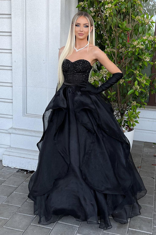 Women's black off-the-shoulder beaded long ball gown evening dress with gloves nv1381