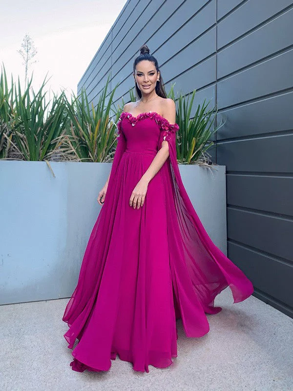 A-Line/Elegant Chiffon Floor-Length Long Sleeves Ruffles Off-the-Shoulder Prom Dresses nv1304
