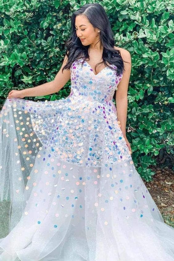 A-Line Strapless White Sequined Long Prom Dress nv1294