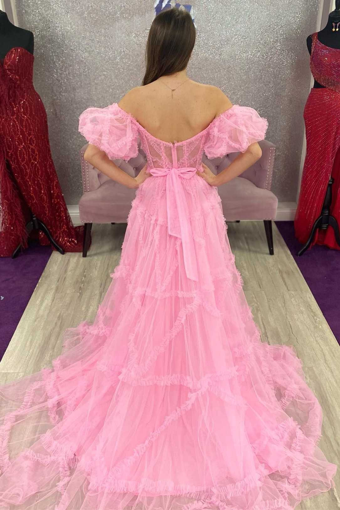 Princess Pink Off-the-Shoulder A-Line Prom Dress with Ruffles nv1309