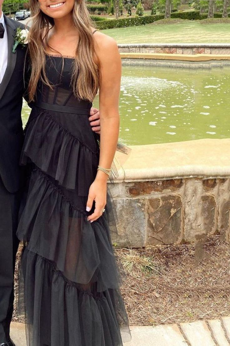 Elegant Open Back Layered Black Tulle Long Prom Dress, Black Tulle Formal Graduation Evening Dress nv1288