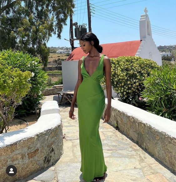 Deep V Neck Green Satin Long Prom Dresses nv1330