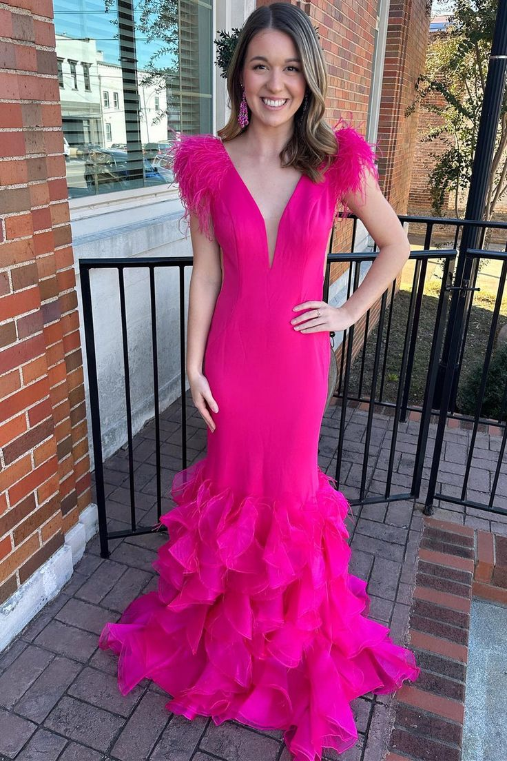 Hot Pink Plunge V Feather Ruffle Multi-Layer Long Prom Dress nv1220