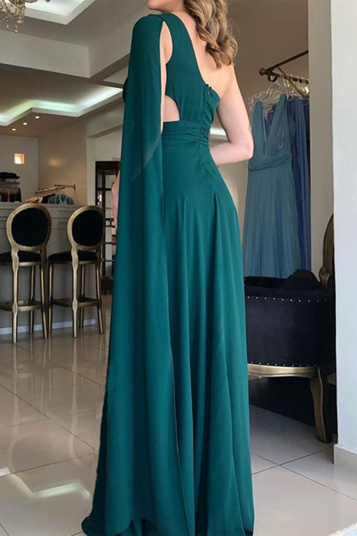 Elegant One Shoulder Green Chiffon Long Prom Dress with High Slit, One Shoulder Green Formal Graduation Evening Dress nv1340