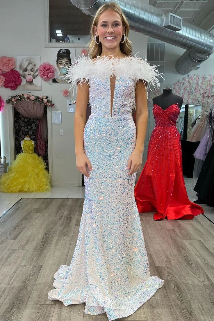 Off-the-Shoulder Pink Sequin Feathers Keyhole Long Dress nv1229