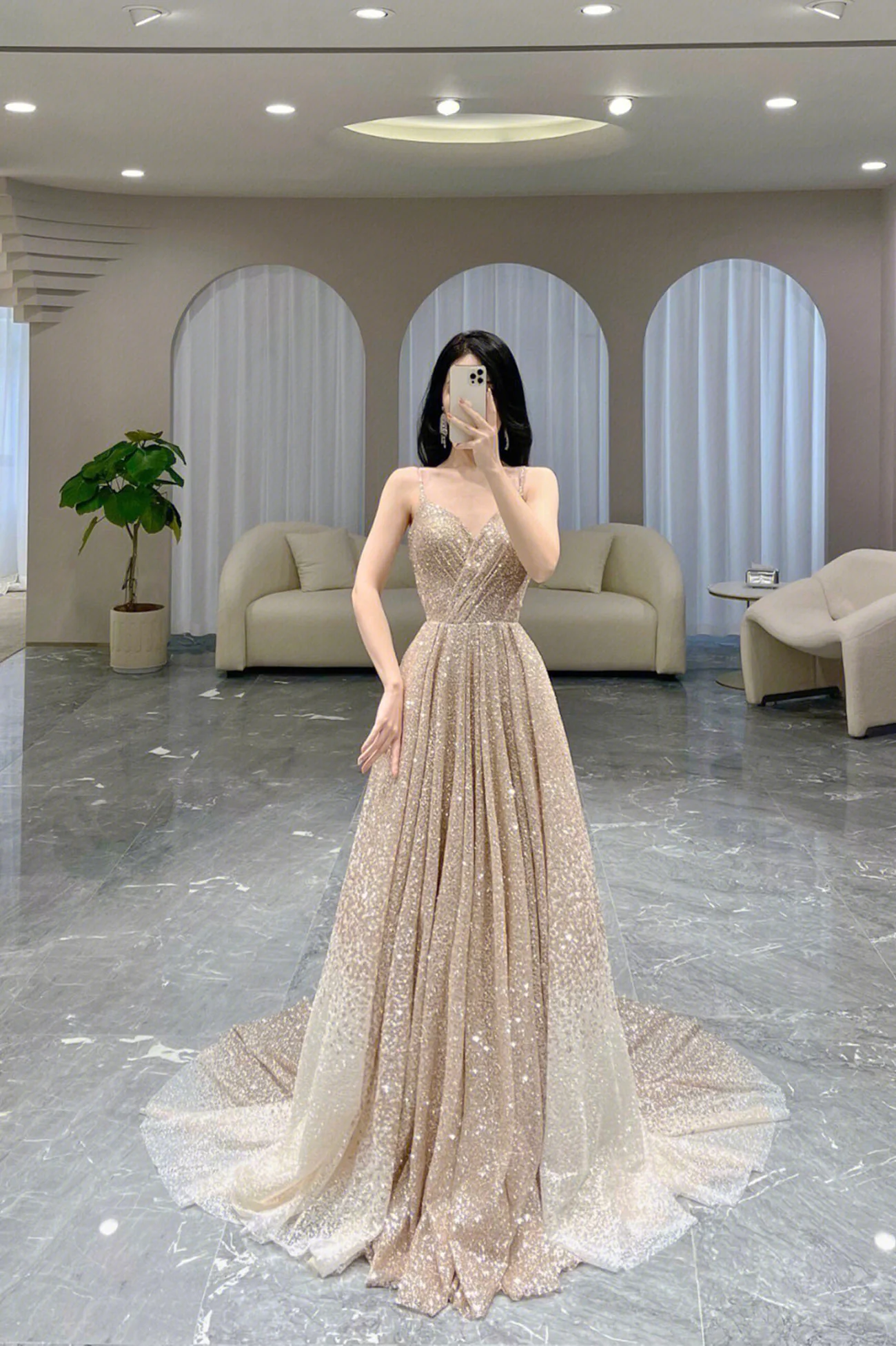 Gold Sparkle Sequins A Line Long Prom Dress V-Neck Evening Dress nv1064