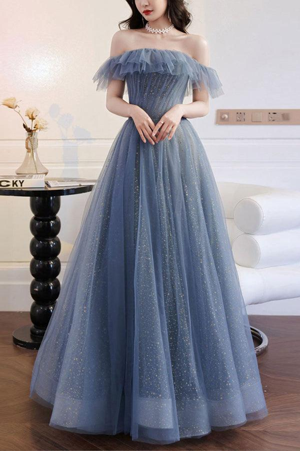 Off The Shoulder Long Prom Dress A-line Gray Blue Tulle Evening Dress nv1068
