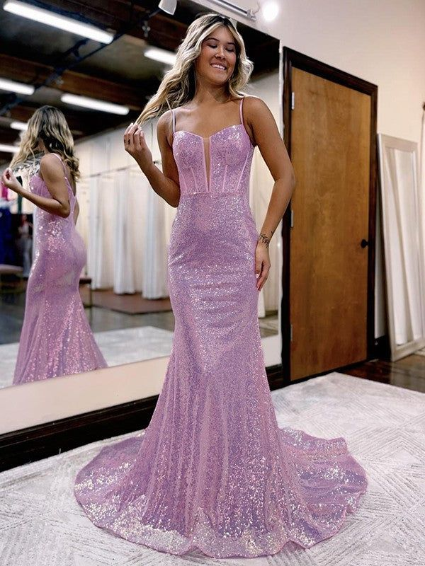 Trumpet/Mermaid Sequins Sweetheart Sleeveless Court Train Corset Dresses nv1076