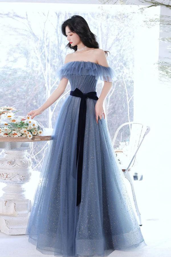 Off The Shoulder Long Prom Dress A-line Gray Blue Tulle Evening Dress nv1068
