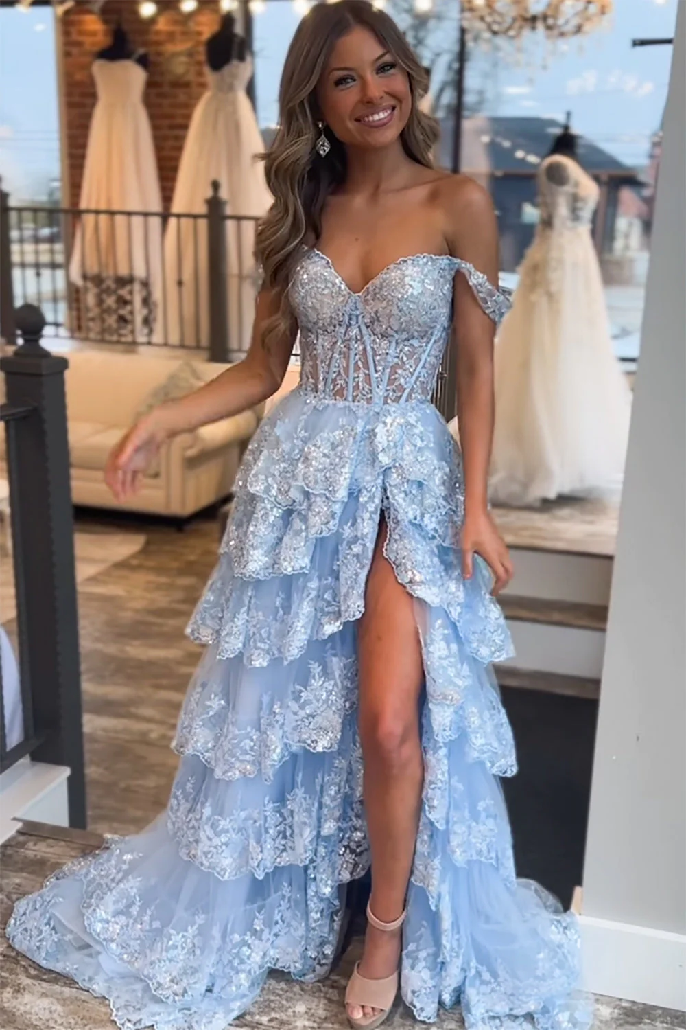 Black Off The Shoulder Tiered Prom Dress Lace Evening Dress nv1060