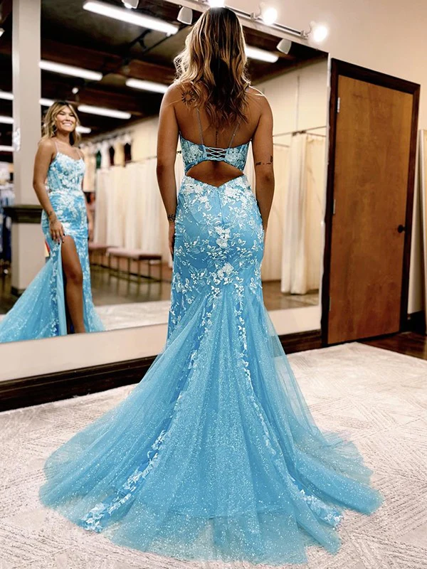 Sheath Applique Lace Prom Dress Spaghetti Straps Sleeveless Mermaid Dress nv1066