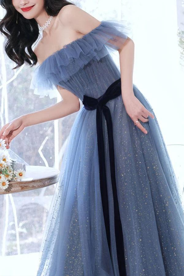Off The Shoulder Long Prom Dress A-line Gray Blue Tulle Evening Dress nv1068