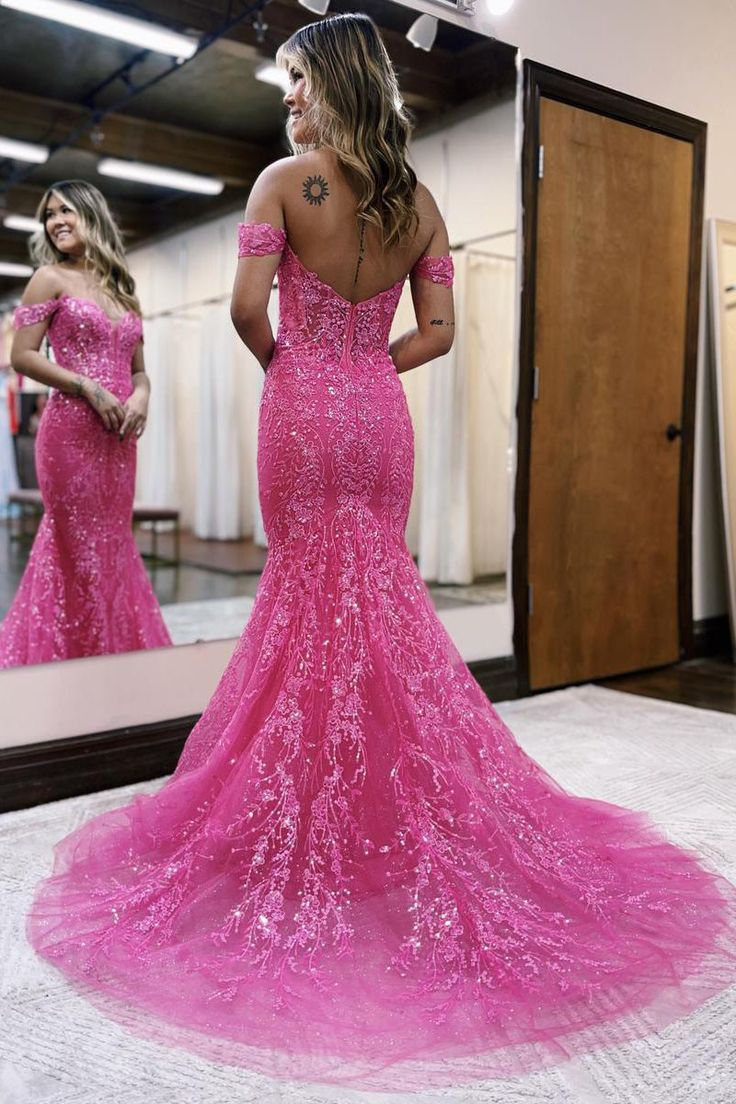 Hot Pink Off the Shoulder Sequin Lace Long Mermaid Prom Dress nv1357
