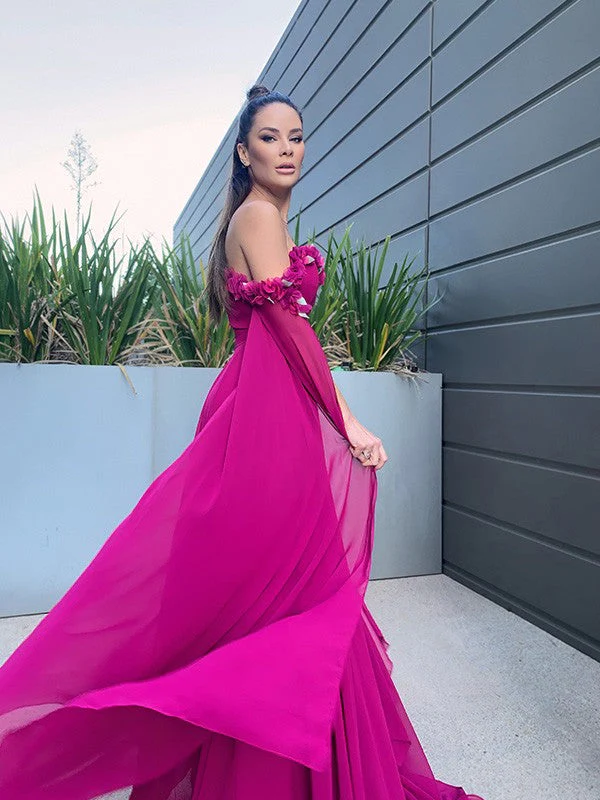 A-Line/Elegant Chiffon Floor-Length Long Sleeves Ruffles Off-the-Shoulder Prom Dresses nv1304