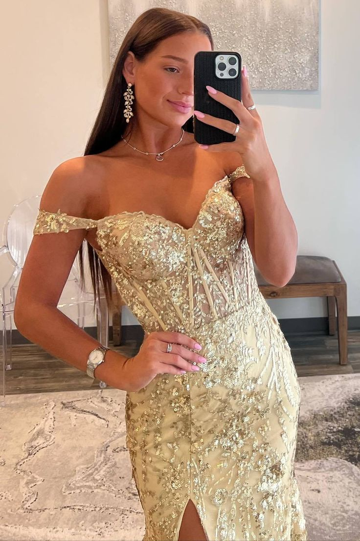 Off the Shoulder Gold Sequin Corset Mermaid Prom Dress with Slit nv1262