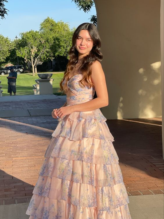 Charming Ball Gown Long Strapless Ruffles Floral Long Prom Dress nv1398