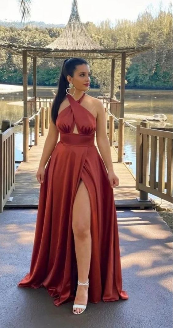 Rust red satin long prom dress evening dress nv1389