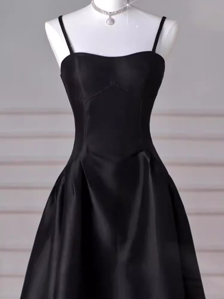 A-Line Sweetheart Neck Satin Black Long Prom Dress, Black Long Formal Dress nv1469