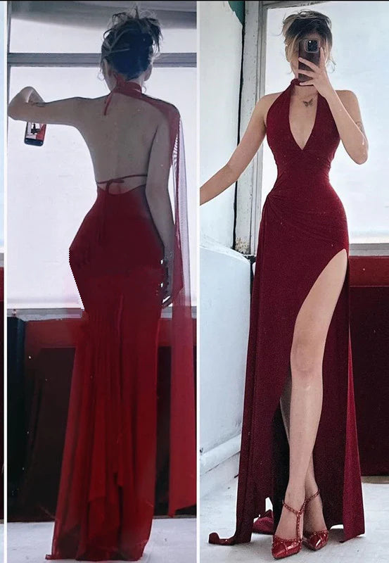 Red Beautiful Fashion Sexy Elegant V-neck Backless Long Chiffon Mermaid Slit Ball Gown Party Dress Evening Dress Prom Dress nv3851