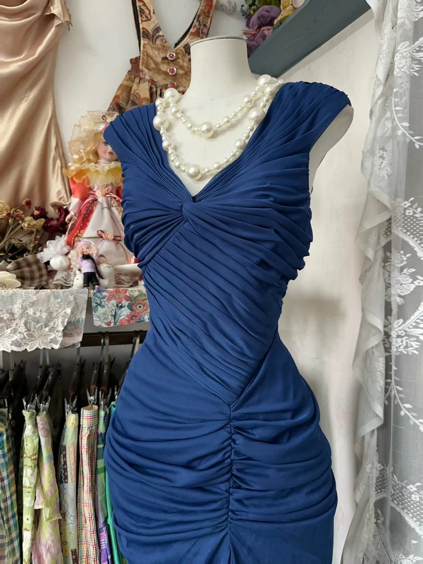 Navy Blue Vintage Fashion Mermaid V Neck Floor Length Evening Gown Prom Dress Party Dress nv4293