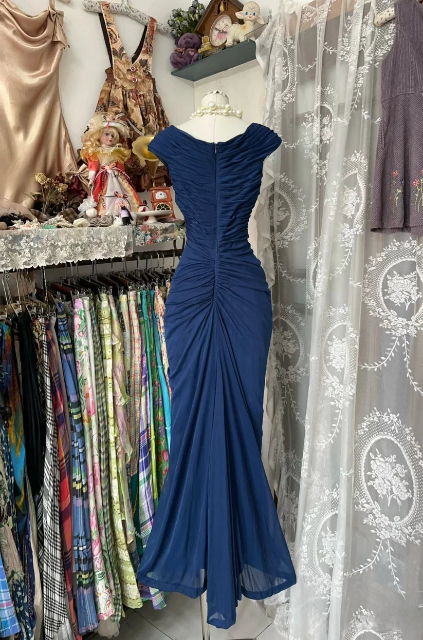 Navy Blue Vintage Fashion Mermaid V Neck Floor Length Evening Gown Prom Dress Party Dress nv4293
