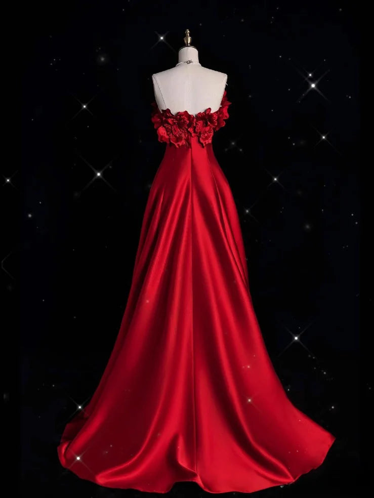 Pretty A line Strapless Satin Long Red Prom Dress Evening Dress Formal Dress nv4234