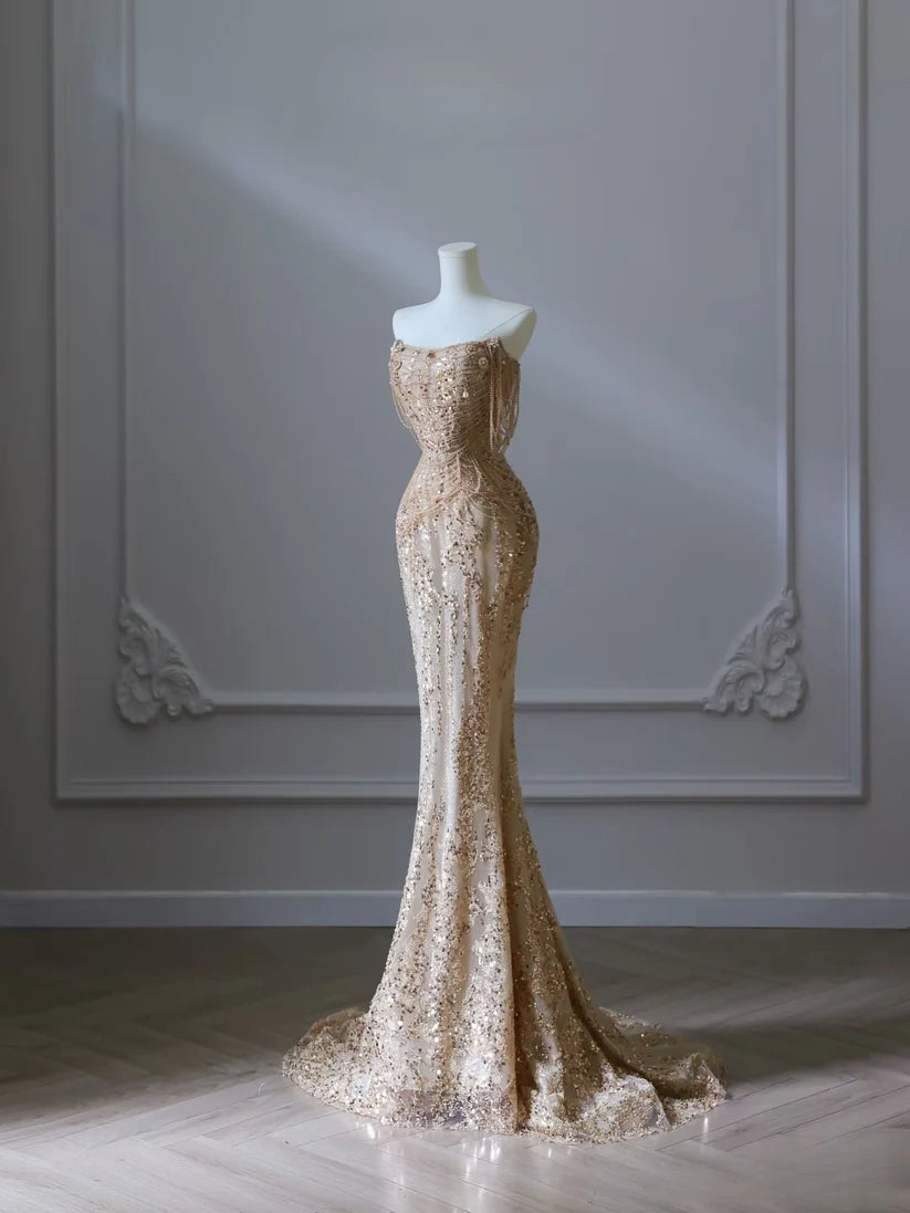 Gold Pretty Mermaid Off Shoulder Beaded Long Sequined Ball Gown Formal Evening Dress nv4112