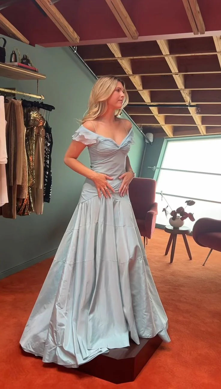 Classy Mermaid Off The Shoulder Light Sky Blue Satin Evening Dress Prom Dresses nv4152
