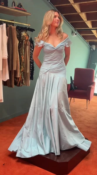 Classy Mermaid Off The Shoulder Light Sky Blue Satin Evening Dress Prom Dresses nv4152