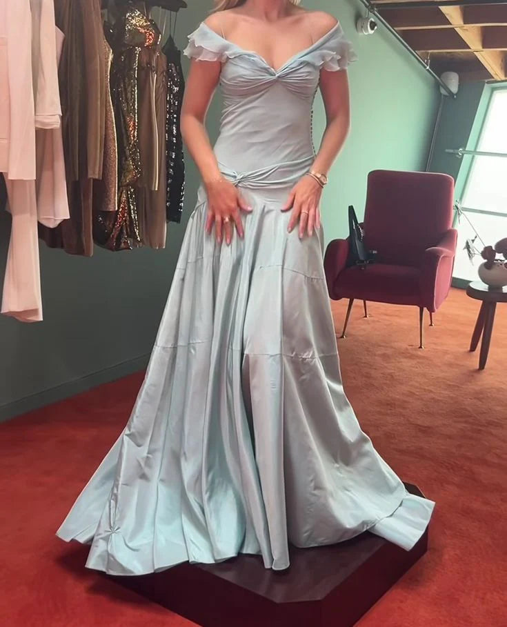 Classy Mermaid Off The Shoulder Light Sky Blue Satin Evening Dress Prom Dresses nv4152