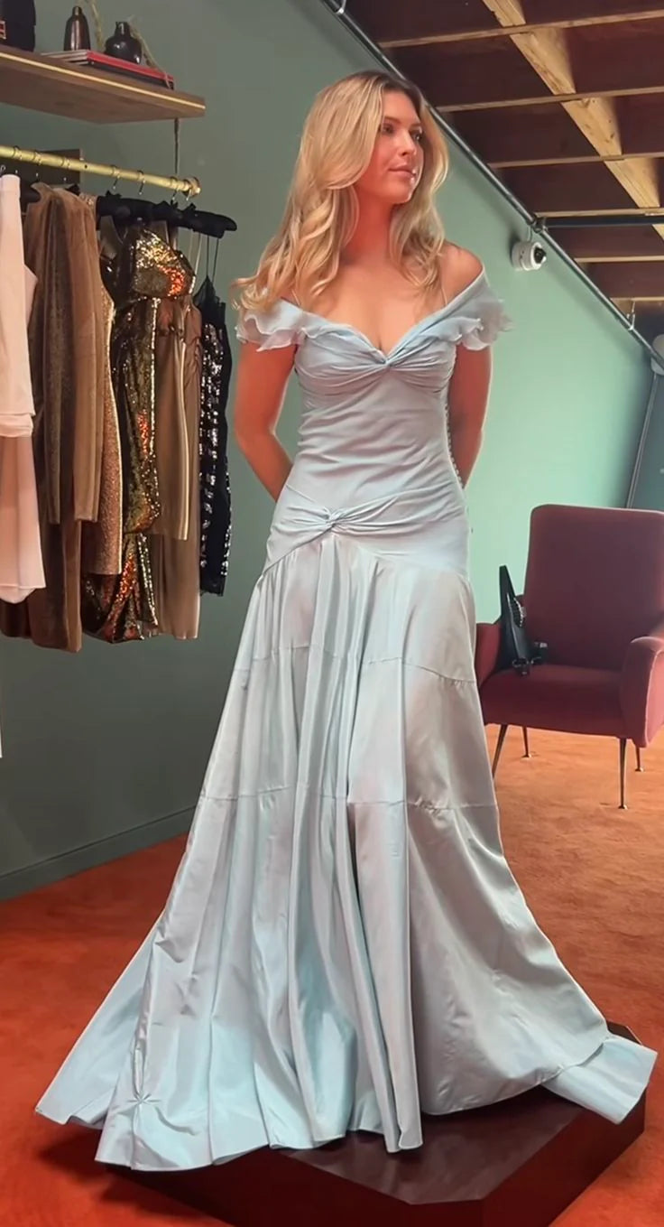 Classy Mermaid Off The Shoulder Light Sky Blue Satin Evening Dress Prom Dresses nv4152