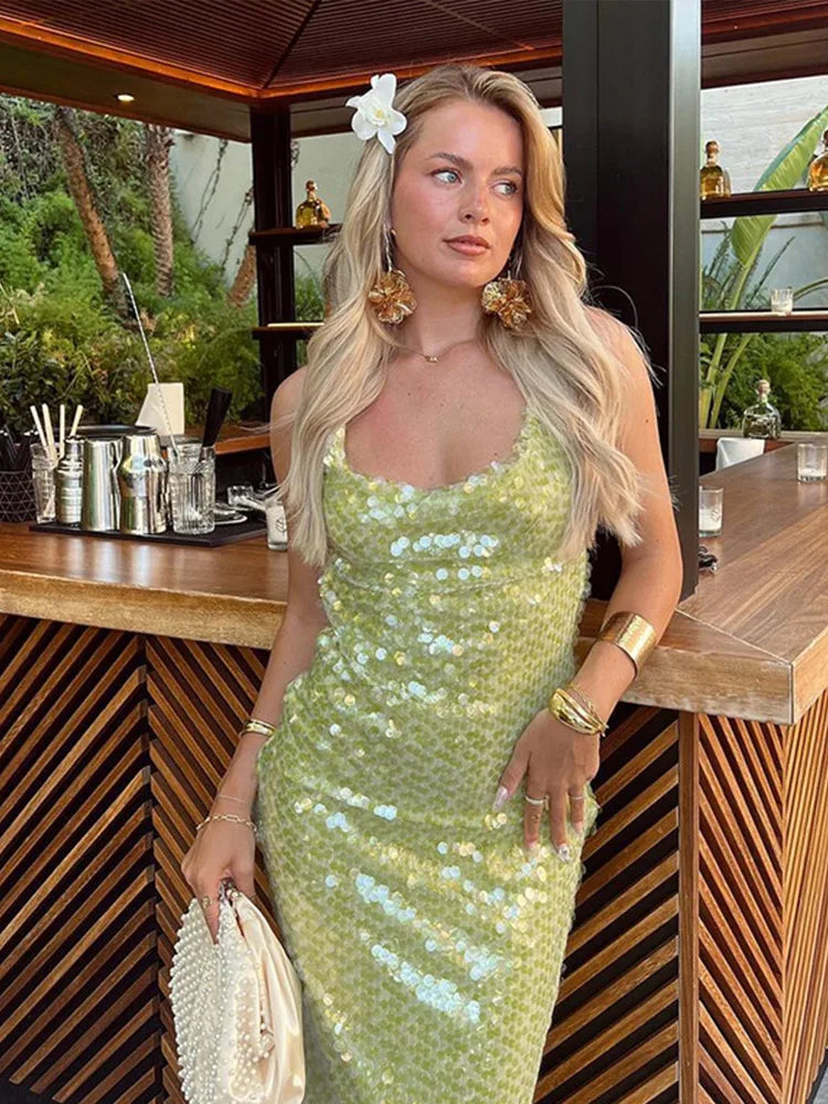 Green fashion elegant suspender long sequined ball gown birthday cocktail party dress evening dress prom dress nv3959