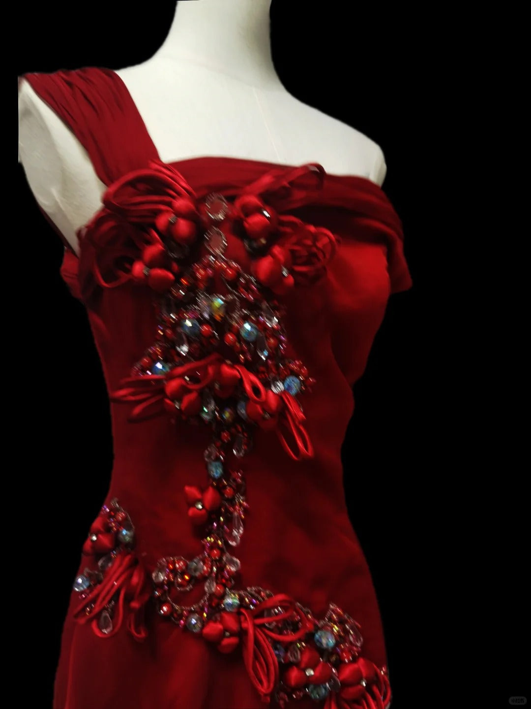 Red Gorgeous Retro Elegant Fashion Exquisite Gemstone Beads One Shoulder Long Floor-length Satin Evening Dress Prom Dress Prom Dress nv3915