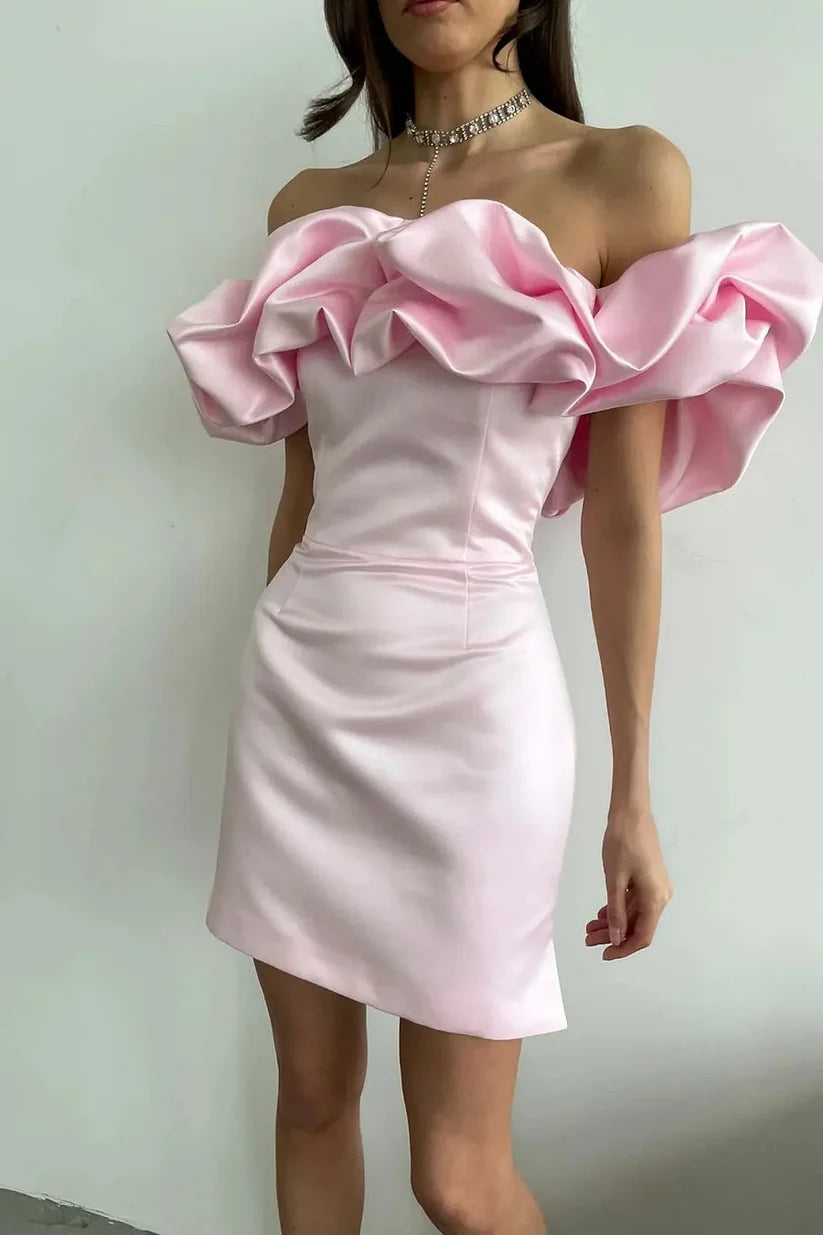 Dinner New Short Sleeve Off-the-shoulder Fashion Temperament Tight Wooden Ear Age-reducing Solid Color Dress nv1625