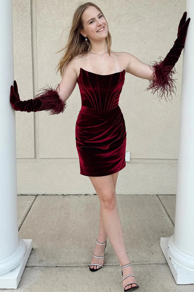 Strapless Mermaid Burgundy Velvet Short Prom Dress Mermaid Wine Red Homecoming Dress Burgundy Velvet Formal Evening Dress nv1568