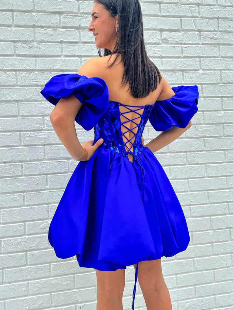 Strapless Mirror Sequins Royal Blue Short Prom Dresses, Royal Blue Mirror Sequins Homecoming Dresses, Royal Blue Formal Graduation Evening Dresses nv1479