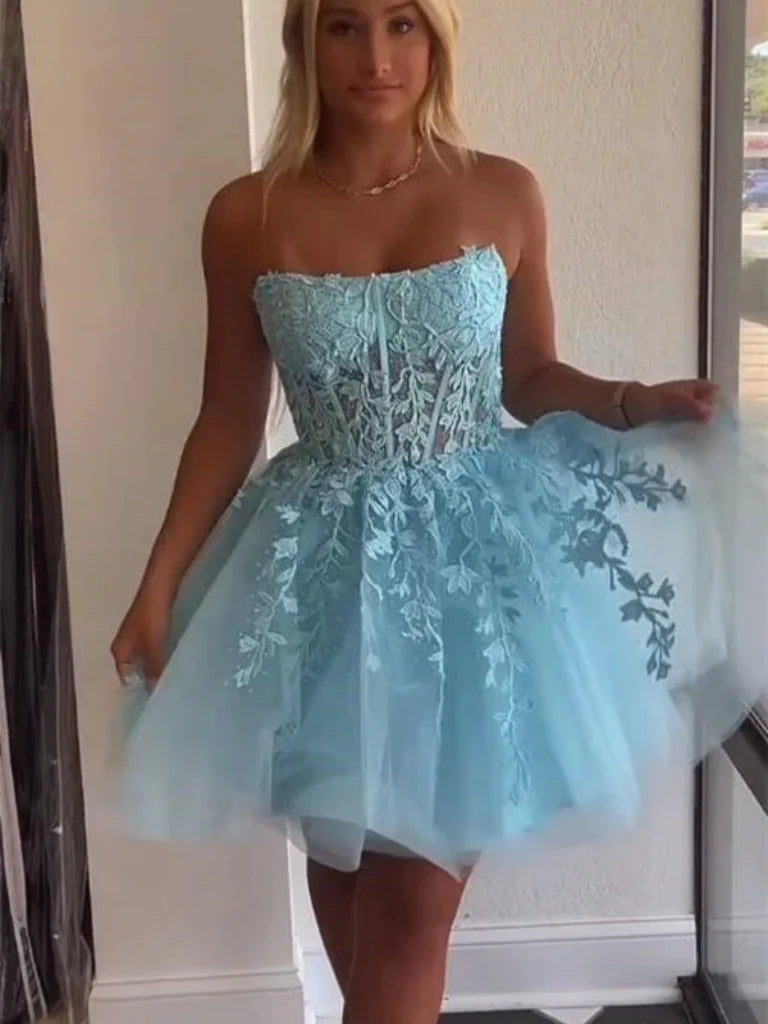 Strapless Purple/Red/Blue Lace Short Prom Dresses, Purple/Red/Blue Lace Homecoming Dresses, Short Formal Evening Dresses nv1483