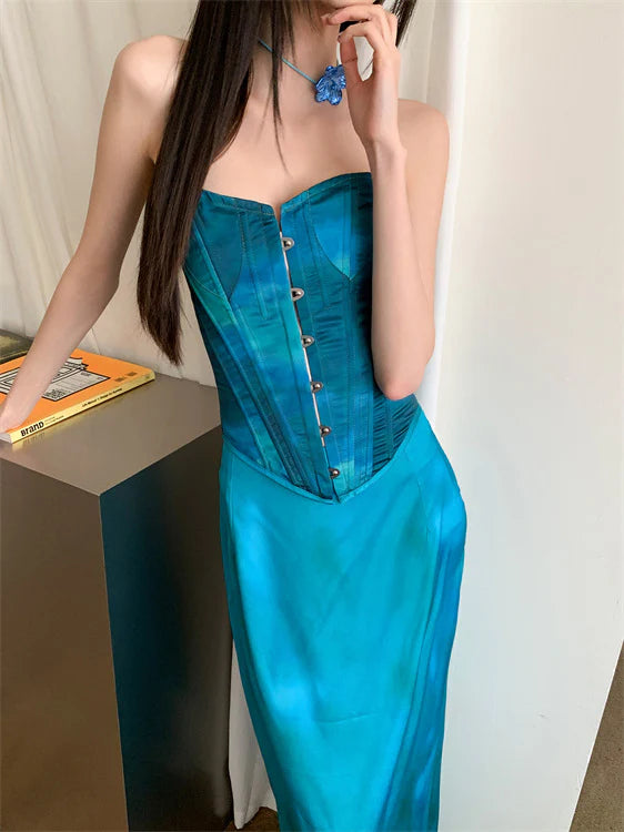 Two piece sweetheart elegant peacock blue satin ball gown party dress evening dress suit nv1782