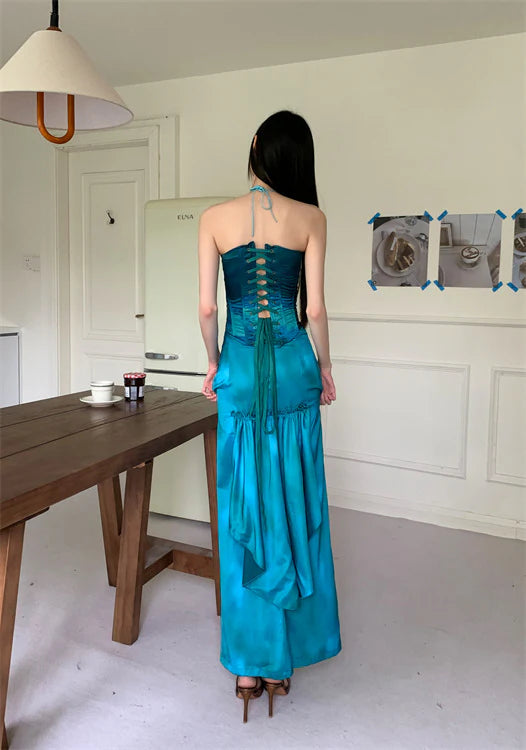 Two piece sweetheart elegant peacock blue satin ball gown party dress evening dress suit nv1782