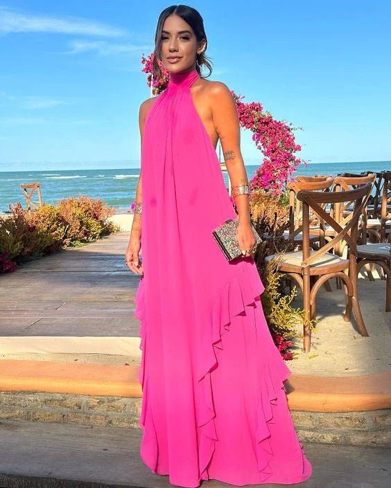 Hot Pink Einfaches Chiffon A-Linie Ärmelloses Ballkleid Hochzeitsgastkleid Partykleid Abendkleid nv2255