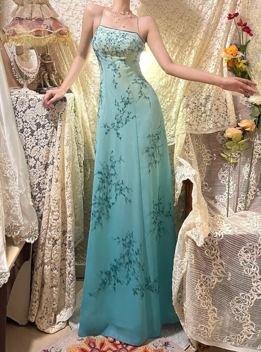 Blue exquisite beading vintage fashion floral long satin ball gown evening dress nv4315