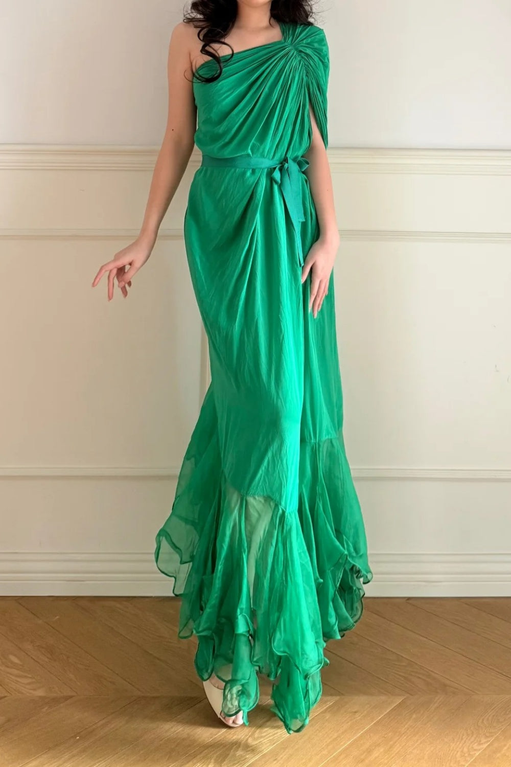 Robe de soirée longue en mousseline vert émeraude vintage NV6746