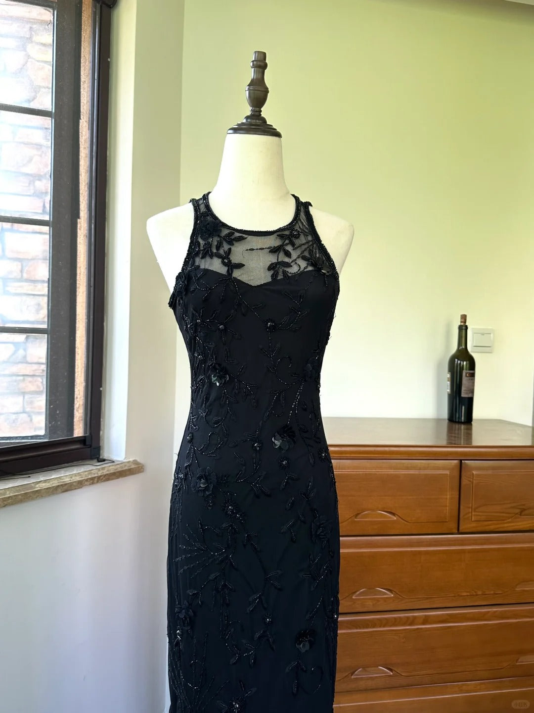 🖤Vintage Black embroidered beaded fishtail mesh long prom dress nv5430