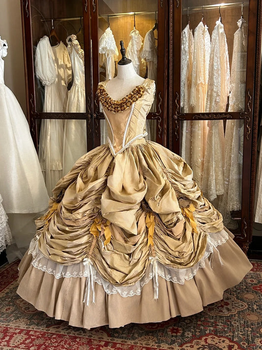 Yellow princess pleated gold rose handmade beads noble and beautiful fairy tale pure beauty long satin ball gown evening gown wedding dress nv4440