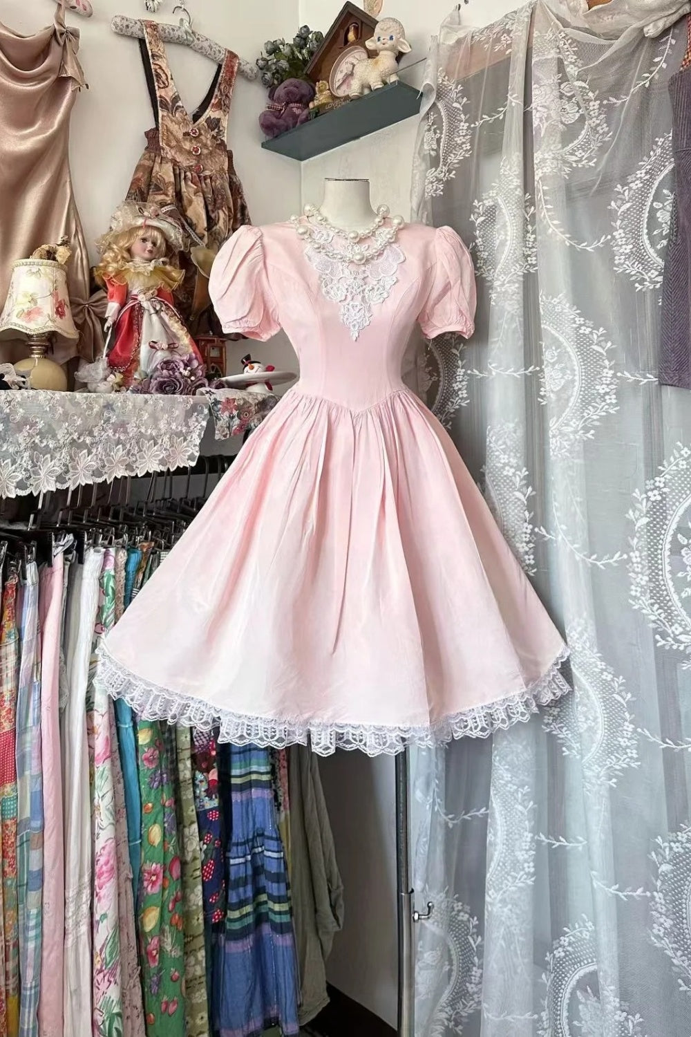 Pink Lolita Puff Sleeve Dress Lace Neckline Flared Princess Dress NV6829