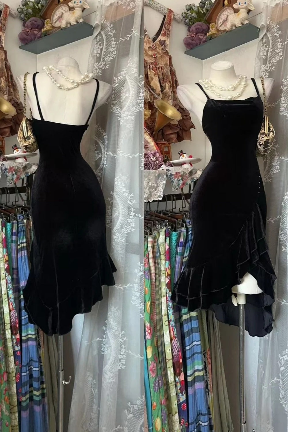 Robe sirène vintage en velours noir à bretelles fines et ourlet à volants, mini-robe de soirée moulante NV6831
